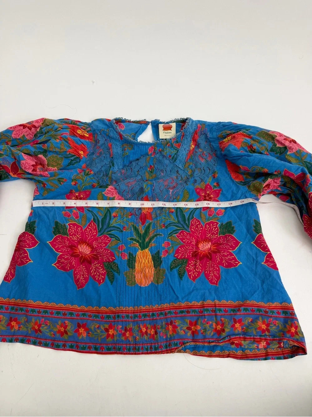 farm rio blue floral Blouse Bubble Sleeve With Tassels Tropical Island Beach